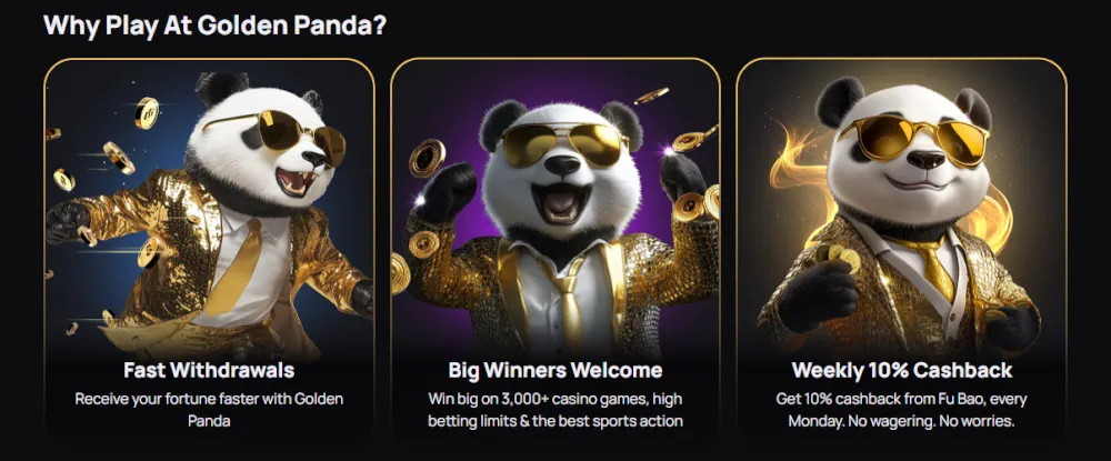 Fördelar med Golden Panda casino inkluderar snabba uttag och 10% veckovis cashback.